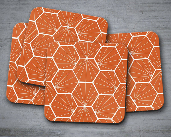 Orange Coasters with a White Hexagon Design, Table Decor Drinks Mat