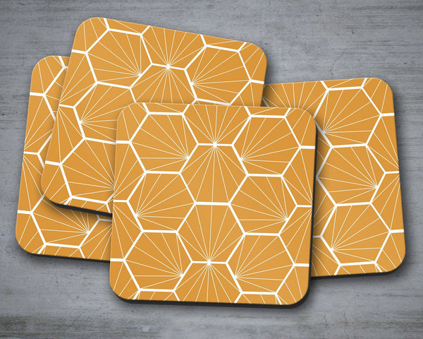 Butterscotch Coasters with a White Hexagon Design, Table Decor Drinks Mat