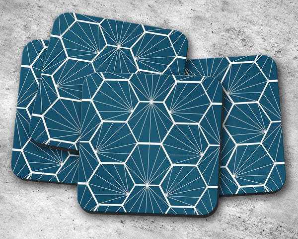 Peacock Blue Coasters with White Hexagon Design, Table Decor Drinks Mat