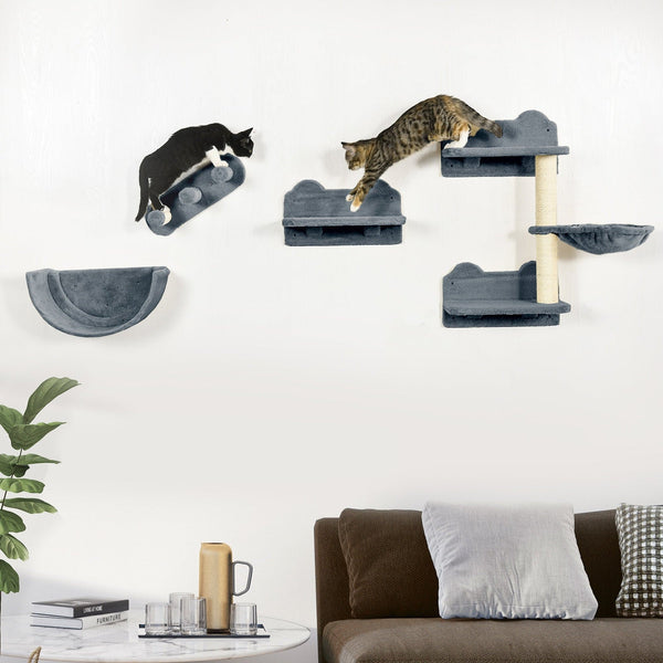 PawHut 4-Piece Wall-Mounted Cat Shelves w/ Scratching Post