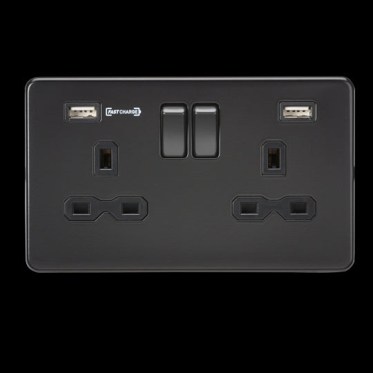 Knightsbridge SFR9906MBB Screwless 13A 2G Switched Socket With Type-A FASTCHARGE USB port - Matt Black - DISCONTINUED