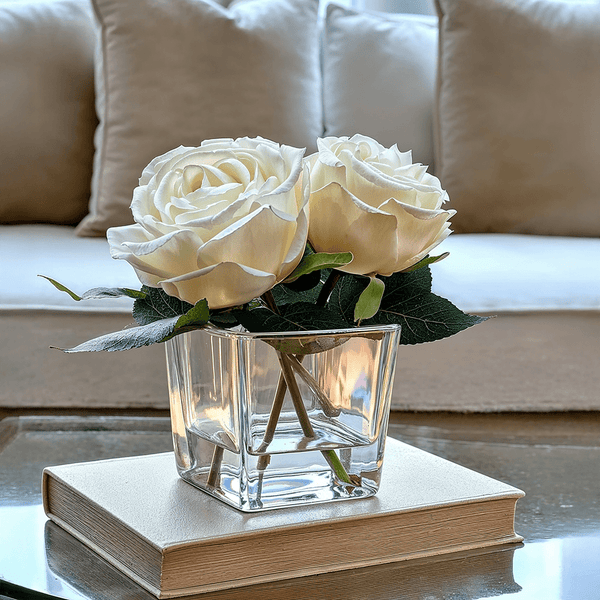 Mini Faux Cream Rose Floral Arrangement in Square Glass Vase
