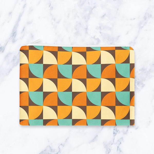 Retro Orange Geometric Makeup Bag – 70s Style Zipper Pouch