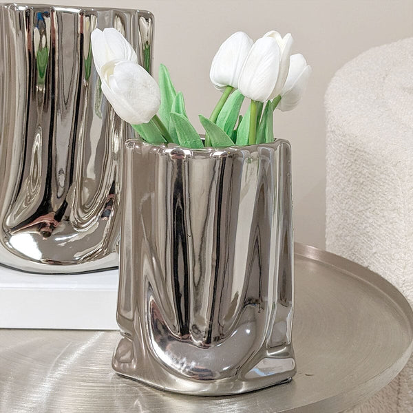 Vega Petite Paper Bag Style Silver Ceramic Vase