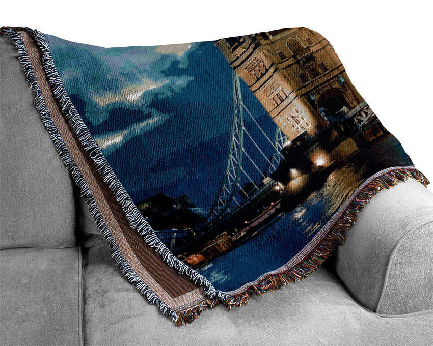 London Tower Bridge Blue Night Skys Woven Blanket