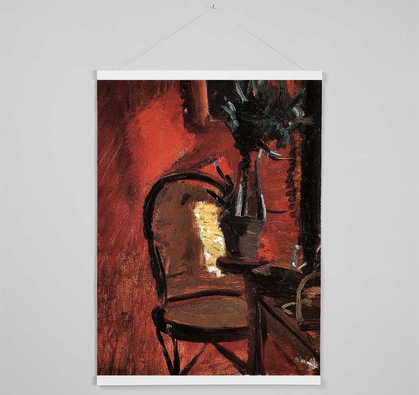 Anna Ancher Chair With A Plant In Front Of Red Wall Hanging Poster - Wallart-Direct UK