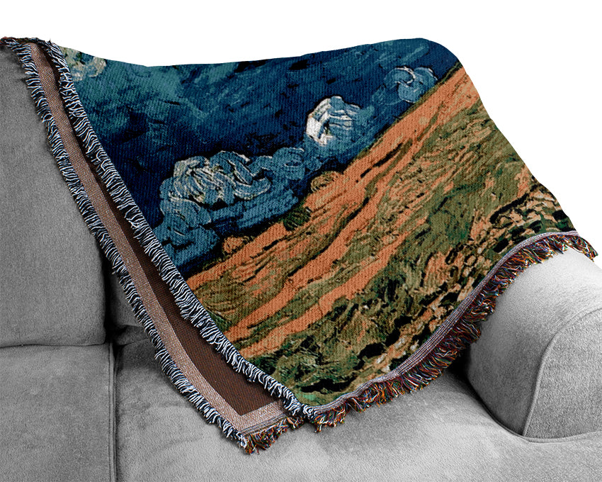 Van Gogh Wheat Field Under Clouded Sky Woven Blanket