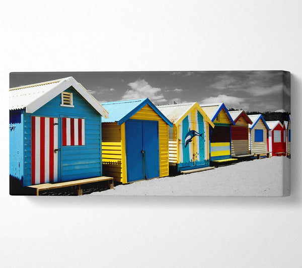 Colourful Beach Huts On B n W