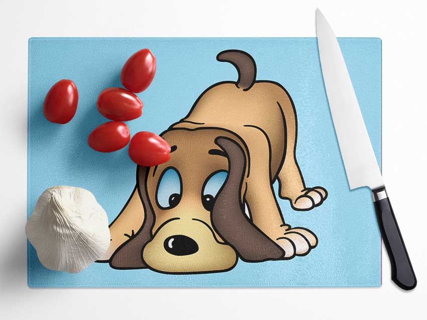 Dog Sniffing Baby Blue Glass Chopping Board