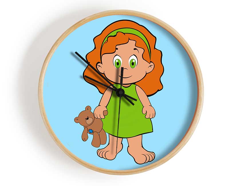 Girl With Teddy Bear Baby Blue Clock - Wallart-Direct UK
