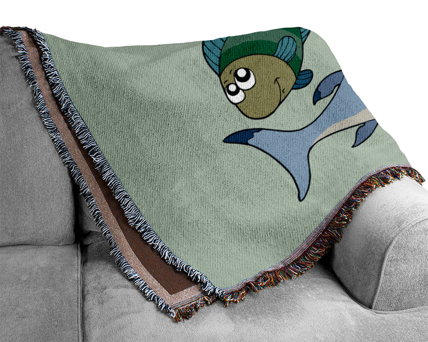 Shark And Fish Baby Blue Woven Blanket