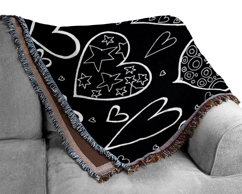 Hearts White On Black Woven Blanket
