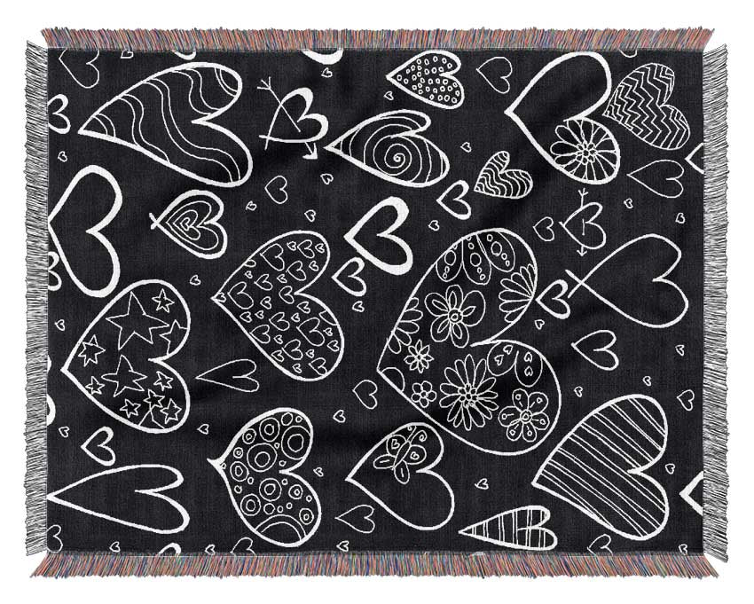 Hearts White On Black Woven Blanket