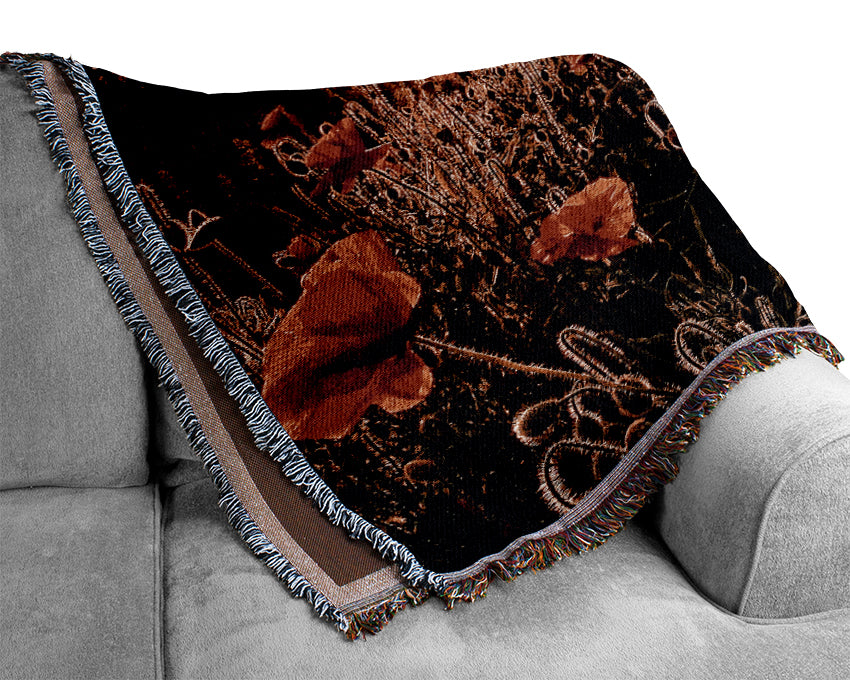 Red Poppy Field At Sunset Woven Blanket