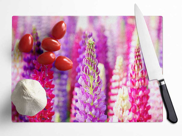 Pink And Purple Lupin Flowers Glass Chopping Board