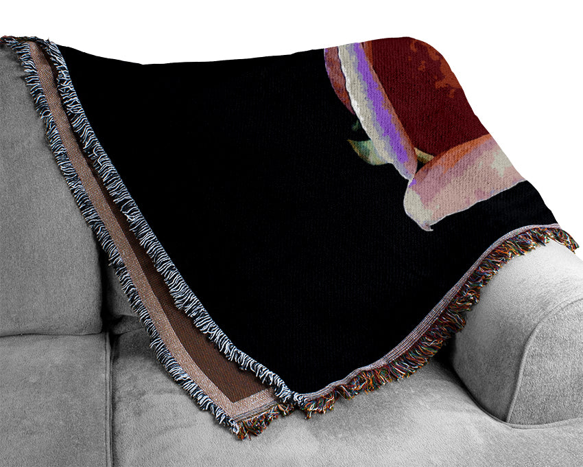 Pink Rose On Black Woven Blanket
