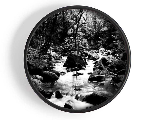 The Stream In The Woodland B n W Clock - Wallart-Direct UK