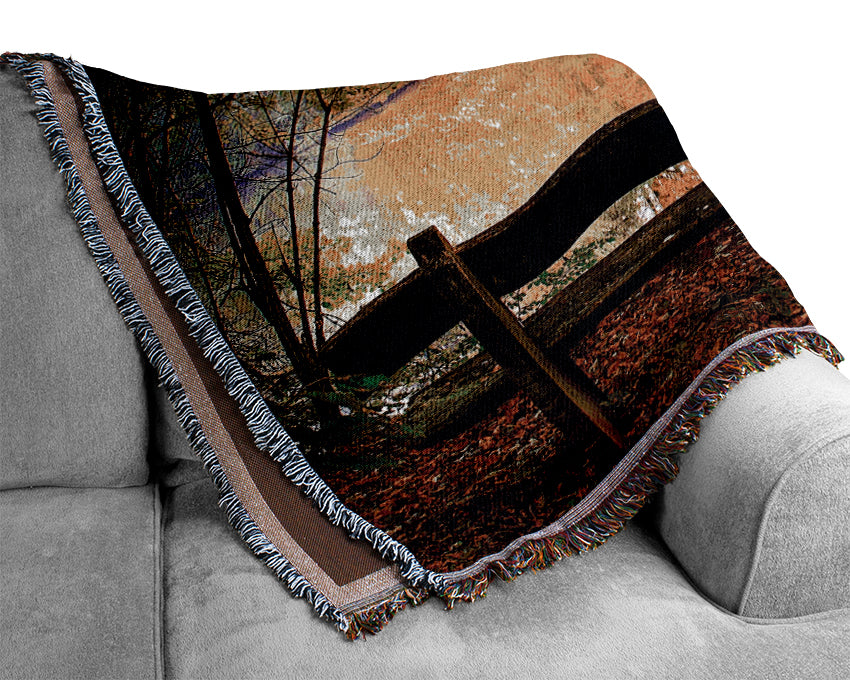 Empty Bench In Fall Scene Woven Blanket