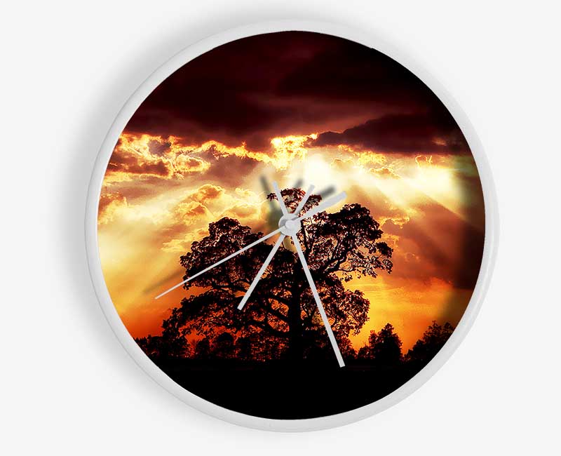 Stunning Cloud Sunrays Over The Morning Tree Clock - Wallart-Direct UK