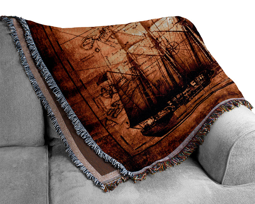 Old World Map With Ship Woven Blanket