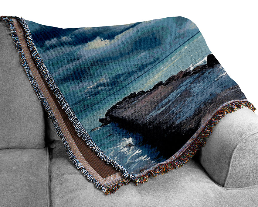 Gentle Waves Crashing In The Cloud Filled Sky Woven Blanket