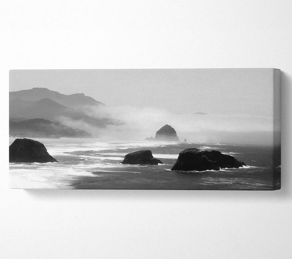 Crashing Misty Waves Over The Ocean Rocks B n W