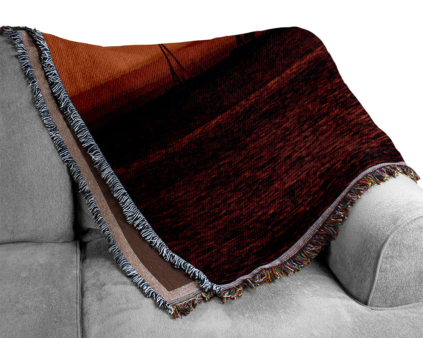 Sunset Boats In The Ocean Woven Blanket