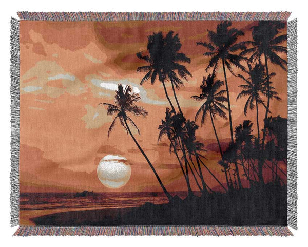 Palmtree Sunset Over The Ocean Woven Blanket