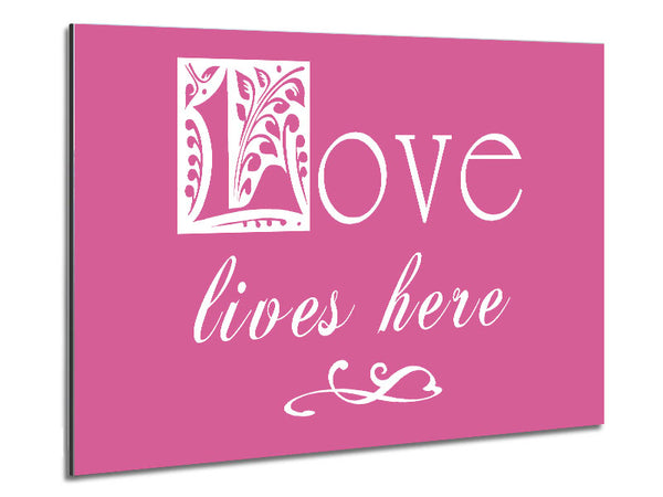 Love Quote Love Lives Here Pink Metal Print