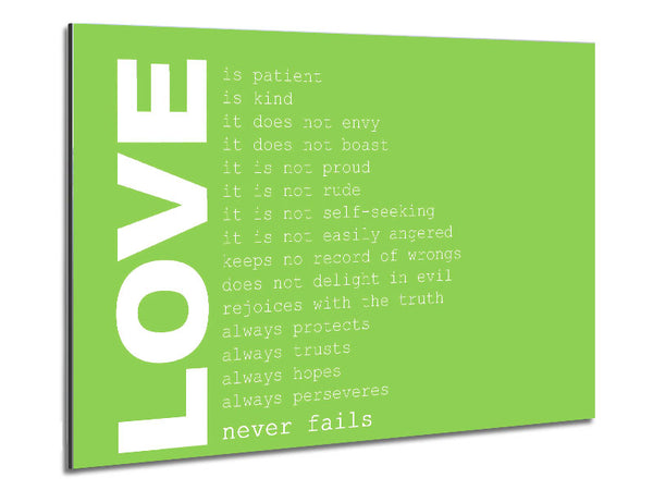 Love Quote Love Never Fails Lime Green Metal Print