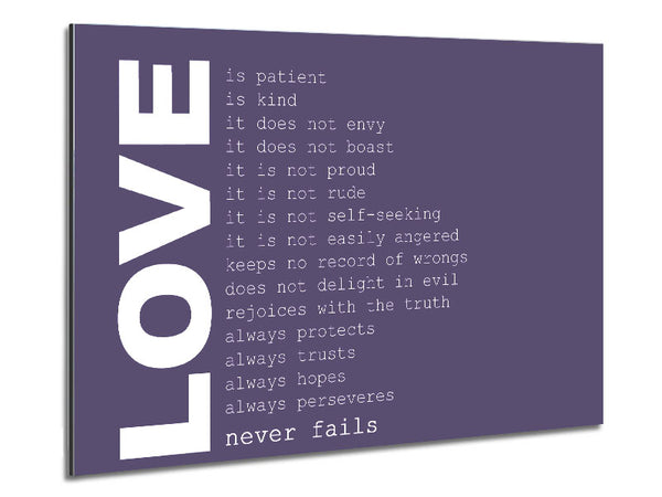 Love Quote Love Never Fails Lilac Metal Print