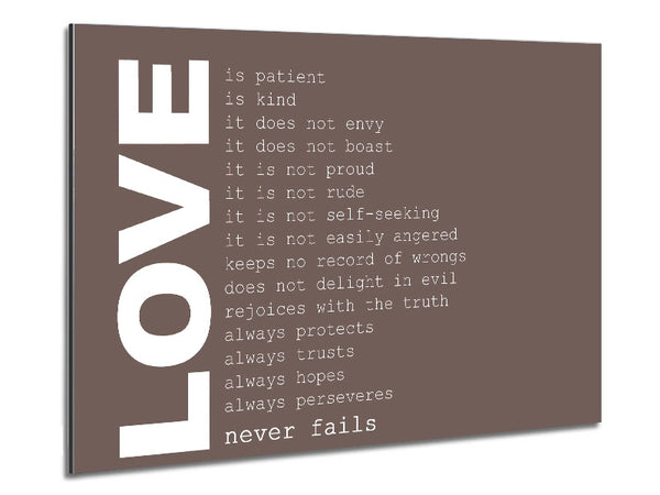 Love Quote Love Never Fails Beige Metal Print