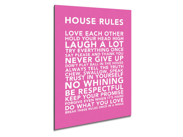 Family Quote House Rules 3 Vivid Pink Metal Print