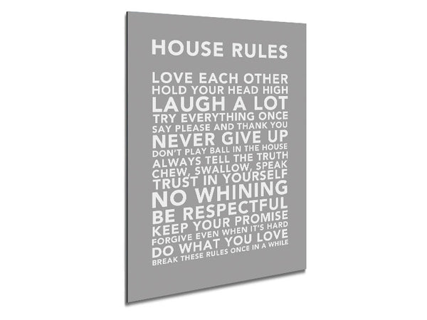 Family Quote House Rules 3 Grey White Metal Print