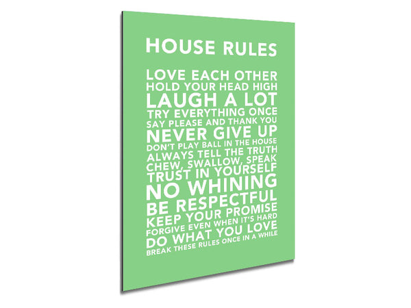 Family Quote House Rules 3 Green Metal Print