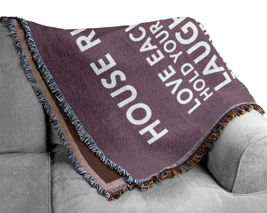 Family Quote House Rules 3 Dusty Pink Woven Blanket