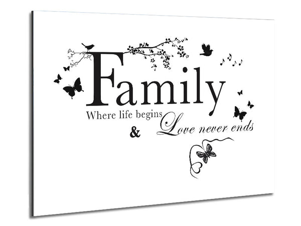 Family Quote Family Where Life Begins White Metal Print