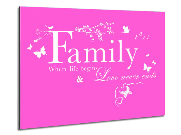 Family Quote Family Where Life Begins Vivid Pink Metal Print