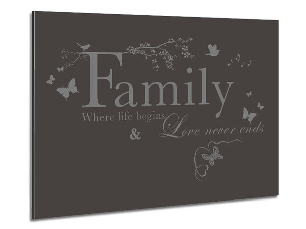 Family Quote Family Where Life Begins Chocolate Metal Print