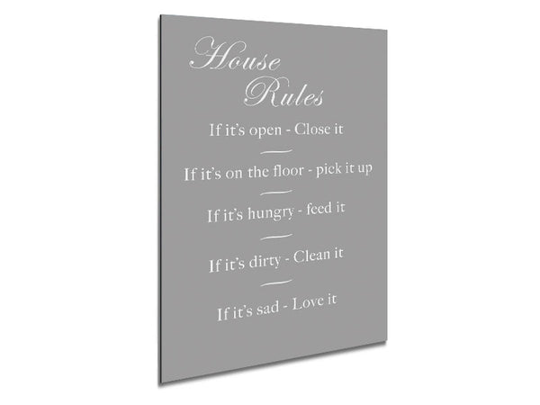 Family Quote House Rules 2 Grey White Metal Print