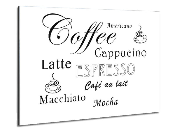 Kitchen Quote Coffee Delight White Metal Print