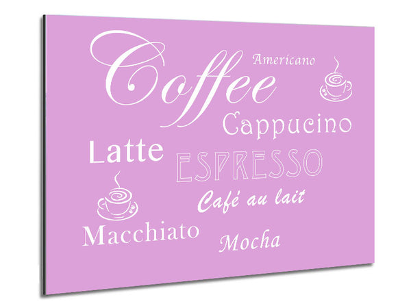 Kitchen Quote Coffee Delight Pink Metal Print