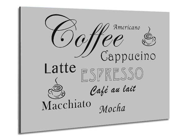 Kitchen Quote Coffee Delight Grey Metal Print