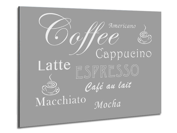 Kitchen Quote Coffee Delight Grey White Metal Print