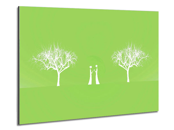 Love Between The Trees And Moon Lime Green Metal Print