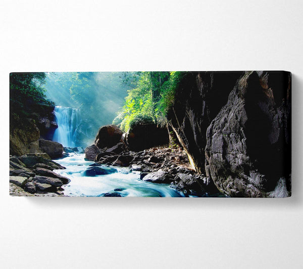 Sunbeams Over The Mountain Waterfall