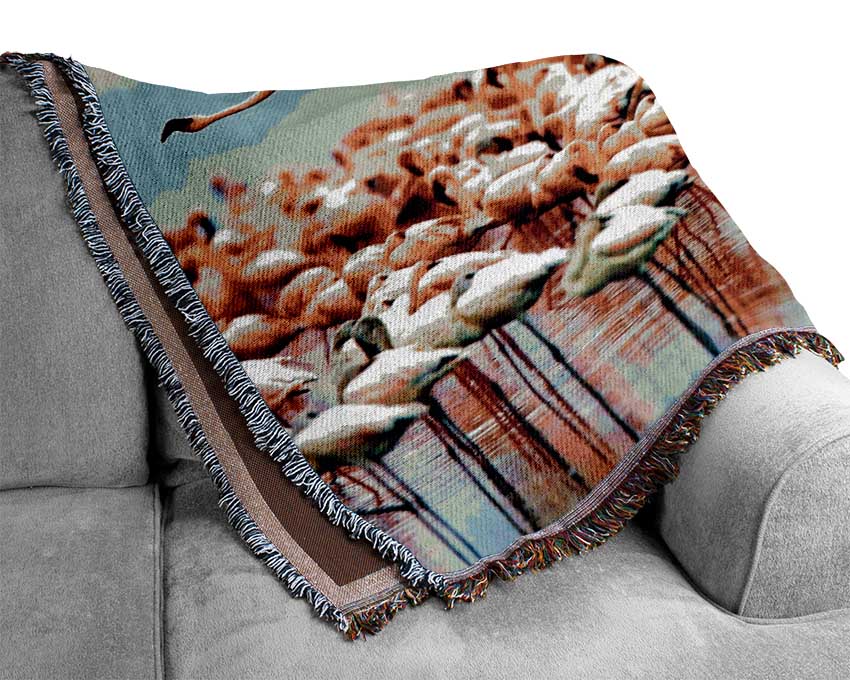 Pink Flamingos In Flight Woven Blanket