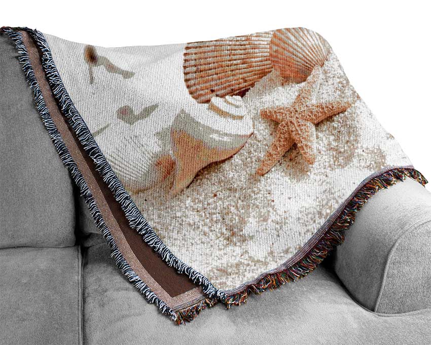 Seashells And Starfish On The Beach Woven Blanket
