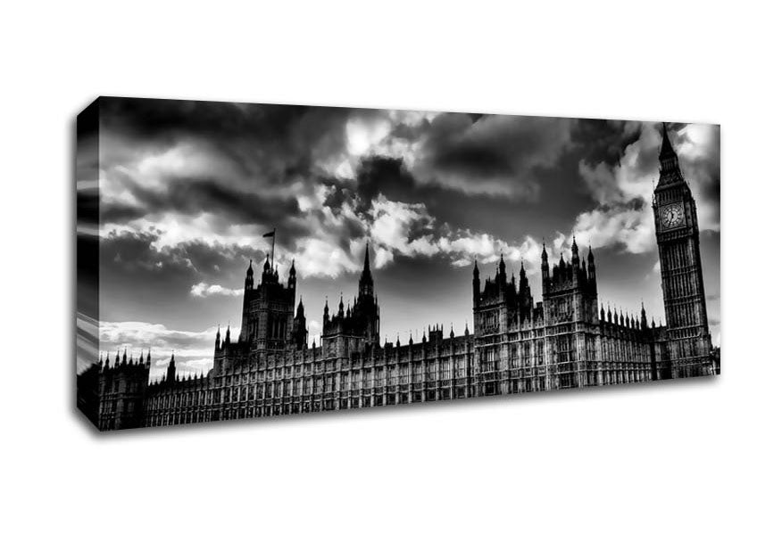 Picture of London Houses Of Parliament B n W Storm Clouds Panoramic Canvas Wall Art