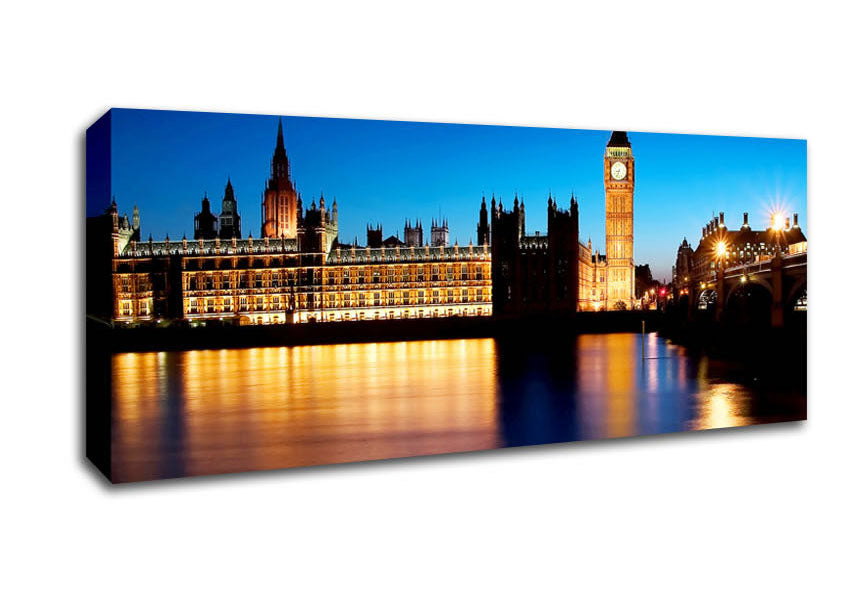 Picture of London Houses Of Parliament Night Reflections Panoramic Canvas Wall Art